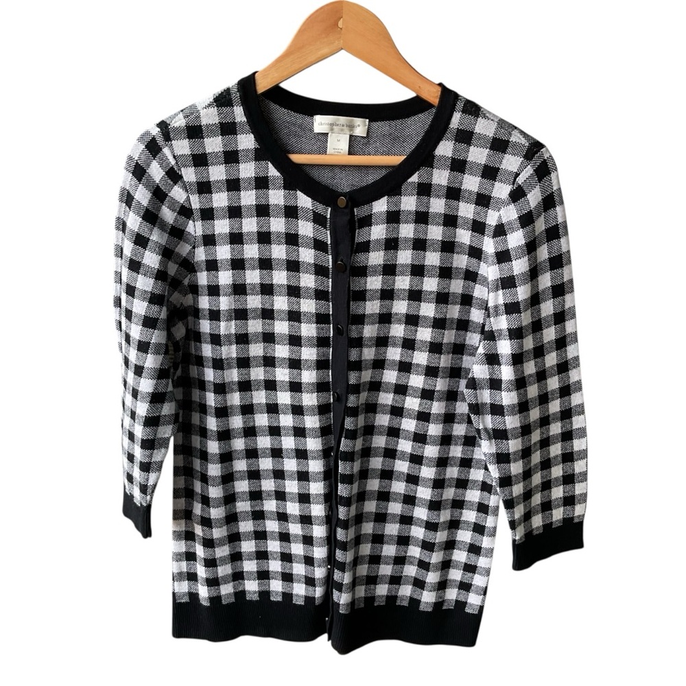 Christopher banks Cardigan Sweater Black White Checkered Preppy Business consign